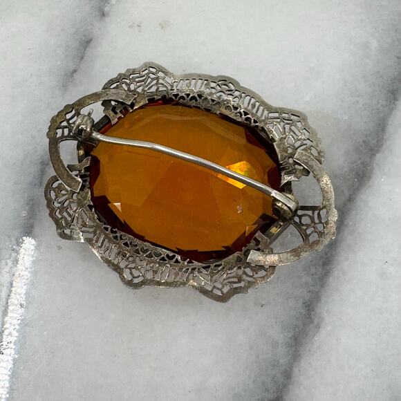 Antique early 1900s Amber stone Filagrees Oval Brooch - Picture 6 of 6